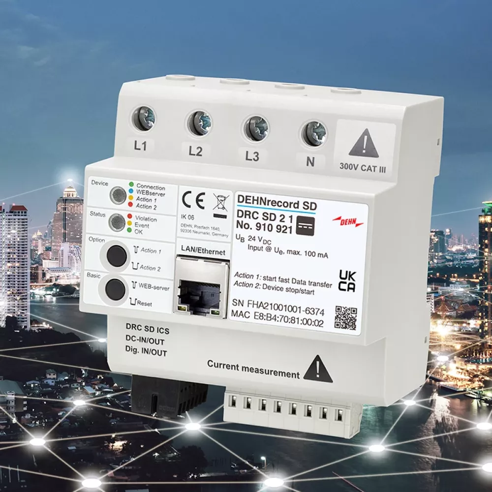 DIN-rail mounted DEHNrecord SD surge monitoring device with labeled terminals and Ethernet port, shown against a city skyline network background.