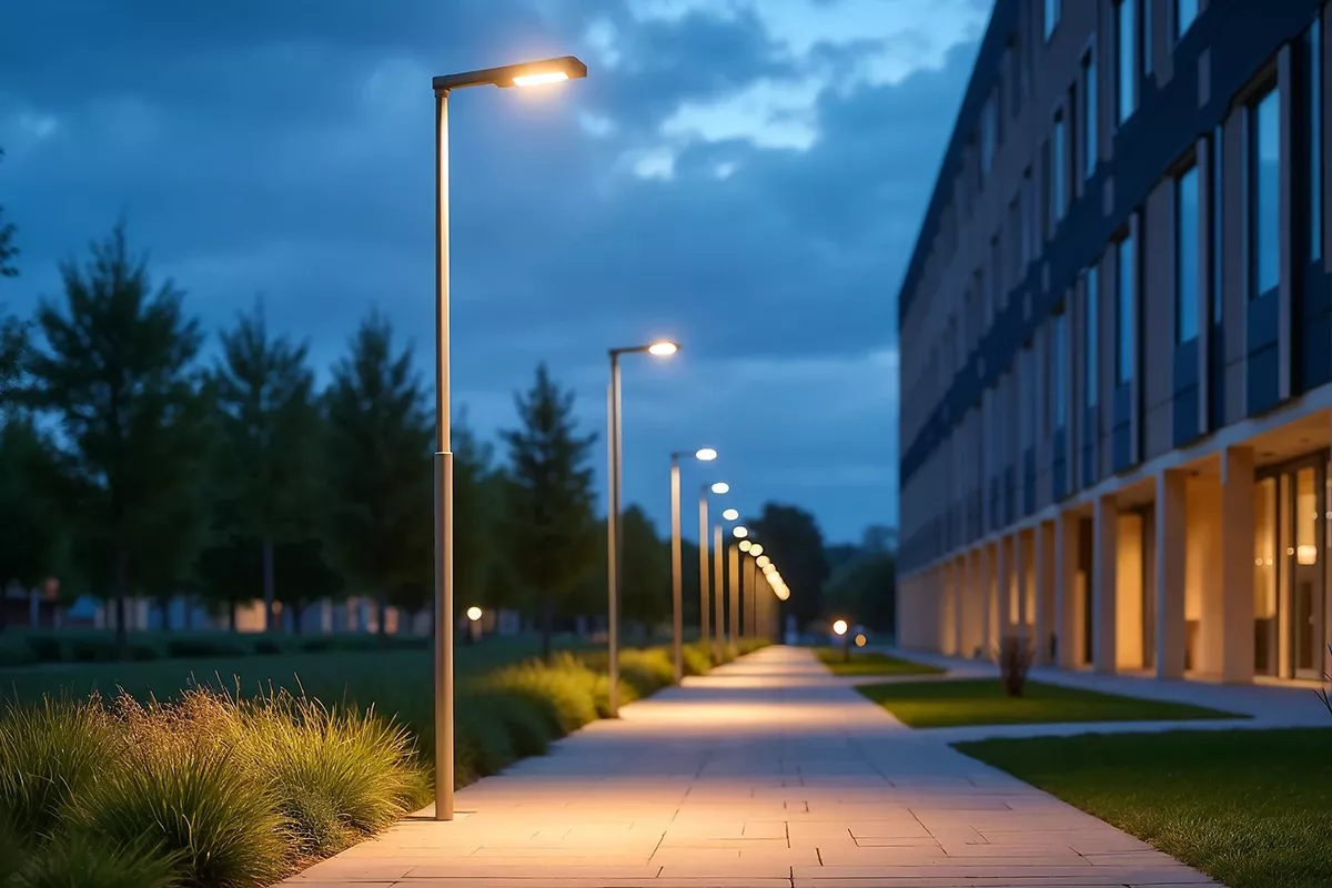 Illuminated pedestrian pathway with modern streetlights, landscaped greenery, and a contemporary building at dusk.