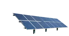 Ground-mounted solar panel array with multiple blue photovoltaic modules on metal supports.