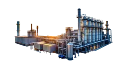 Large industrial plant with pipes, tanks, and vertical columns at sunset.